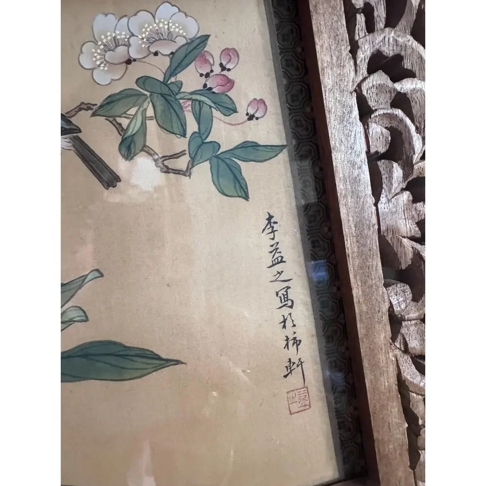 Vintage Pair Asian Silk Bird Floral Paintings, Carved Wood Framed Botanicals